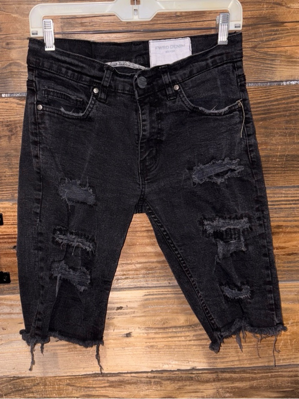 FWRD Denim Distressed Black Denim Cut-Off Shorts